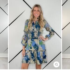 NWT La Fuori Just Bellina Metallic Flowy mini Dress Medium Blue boho